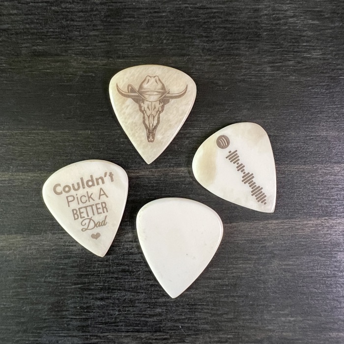 Custom Guitar Pick Gift Set; Bone Pick on a Leather Keychain Pouch with Additional Custom Pick in Pouch