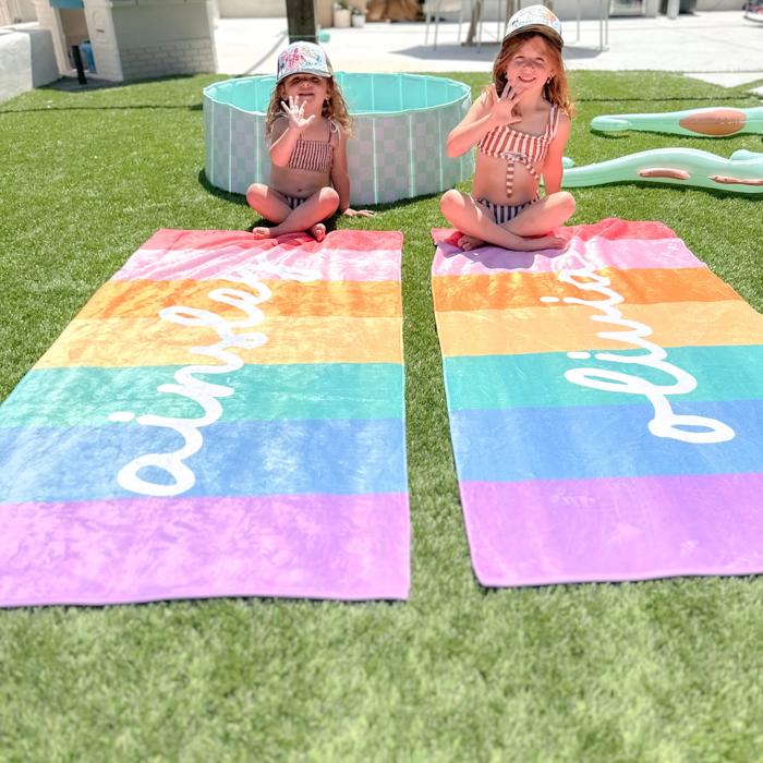 Custom Rainbow Beach Towel with Personalized Name - Retro Style