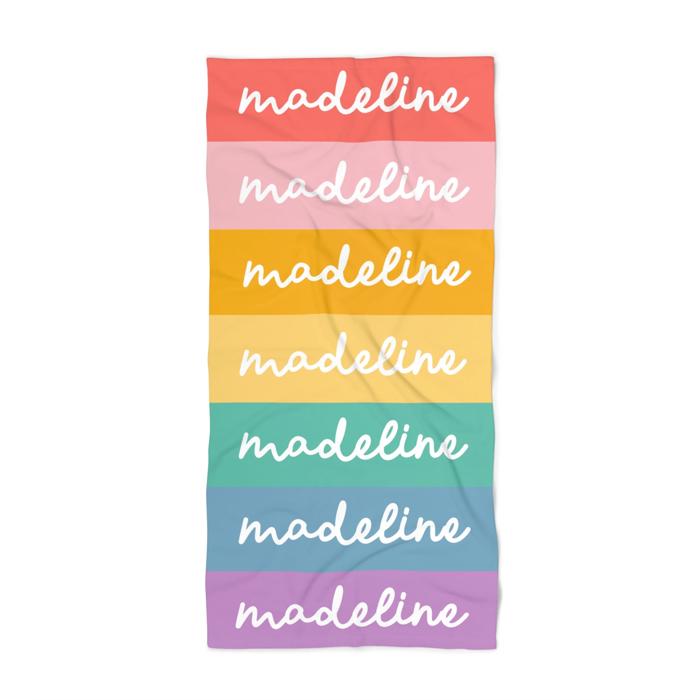 Personalized Rainbow Beach Towel - Custom Name Vacation Gift Groovy Retro Style