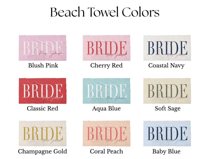 Chic Personalized Bride Beach Towel | Elegant Name Script | 9 Colors | Luxury Poolside & Honeymoon Must-Have