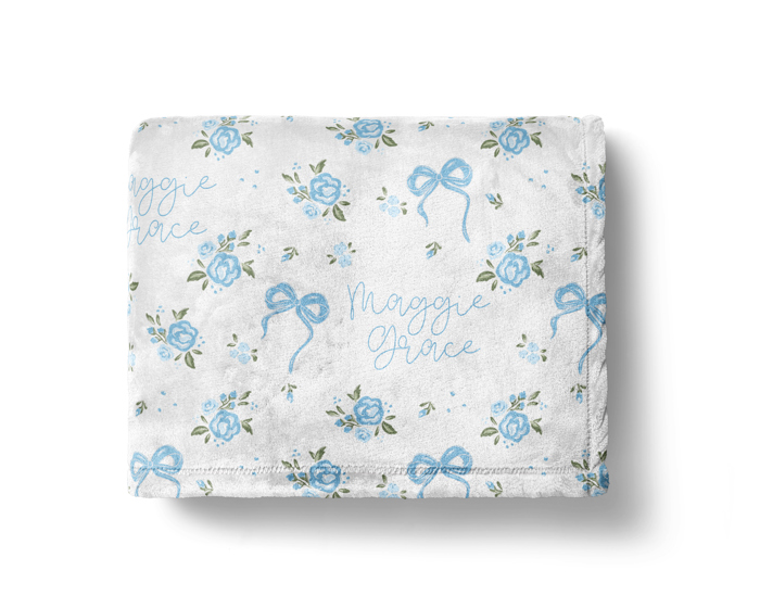 Personalized Blue Bow Baby Girl Blanket