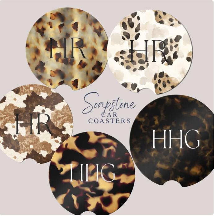 Personalized Animal Print Sandstone Car Coasters – Set of 2