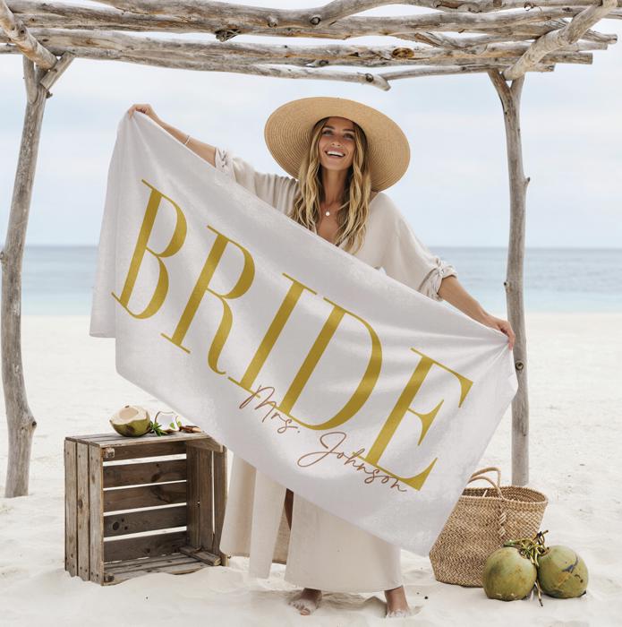 Chic Personalized Bride Beach Towel | Elegant Name Script | 9 Colors | Luxury Poolside & Honeymoon Must-Have