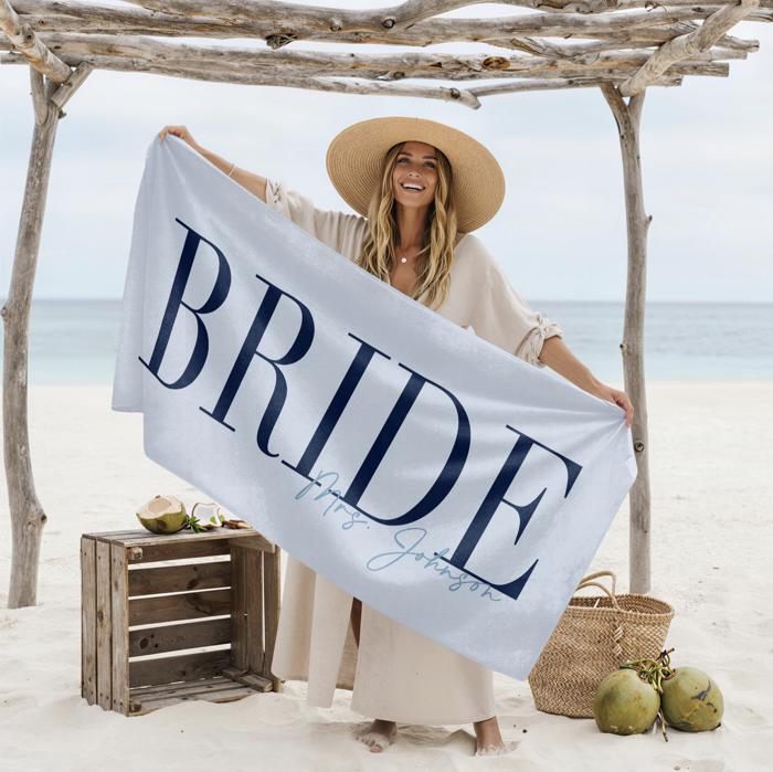 Chic Personalized Bride Beach Towel | Elegant Name Script | 9 Colors | Luxury Poolside & Honeymoon Must-Have