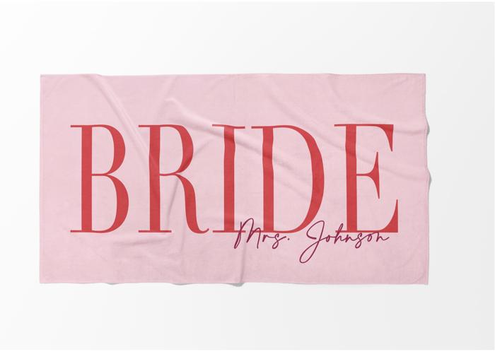 Chic Personalized Bride Beach Towel | Elegant Name Script | 9 Colors | Luxury Poolside & Honeymoon Must-Have