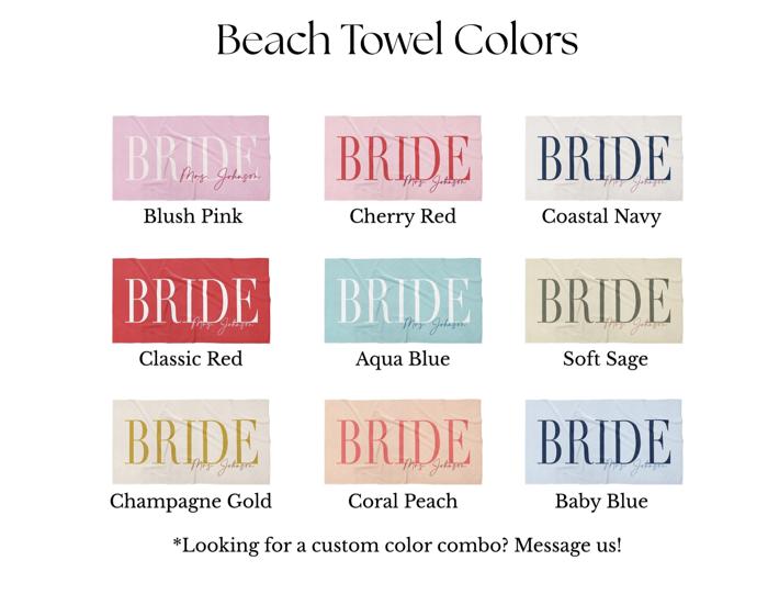 Chic Personalized Bride Beach Towel | Elegant Name Script | 9 Colors | Luxury Poolside & Honeymoon Must-Have