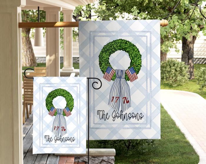 Personalized Patriotic Garden Flag Custom Family Name Flag 1776 Wreath Americana Fourth July Porch Decor Patriotic Outdoor Yard Decoration