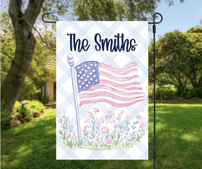 Personalized Patriotic Floral Flag | Custom Family Name Garden & House Flag | Pink American Flag Porch Decor | USA 250 Celebration
