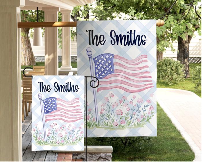 Personalized Patriotic Floral Flag | Custom Family Name Garden & House Flag | Pink American Flag Porch Decor | USA 250 Celebration