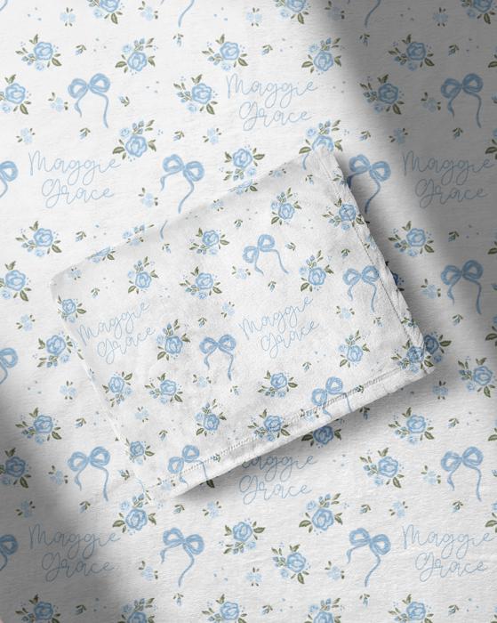 Personalized Blue Bow Baby Girl Blanket