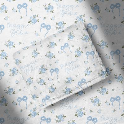 Personalized Blue Bow Baby Girl Blanket