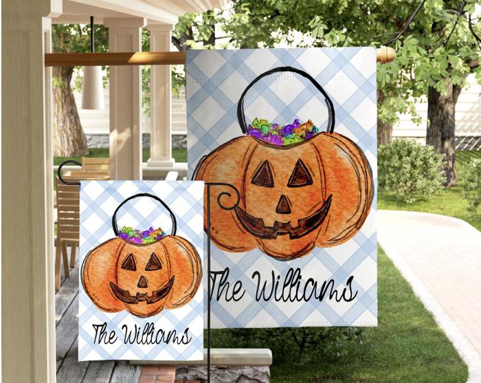 Personalized Whimsical Pumpkin Pail  Flags - 3 Sizes