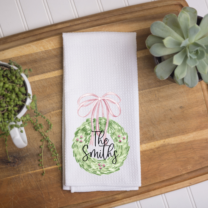Personalized Pink Bow Kitchen Towel – Coquette Wreath