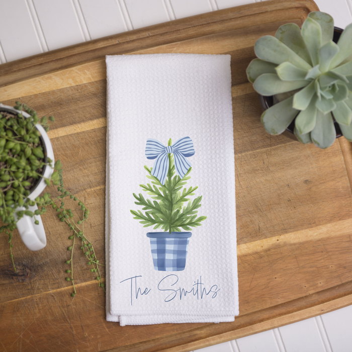Personalized Evergreen Kitchen Towel - Blue Bow