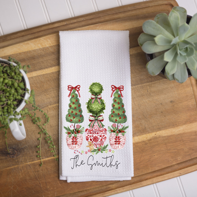 Personalized Chinoiserie Kitchen Towel – Red Topiaries
