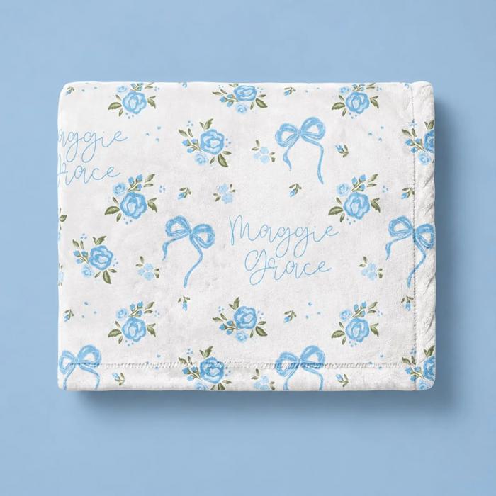 Personalized Blue Bow Baby Girl Blanket