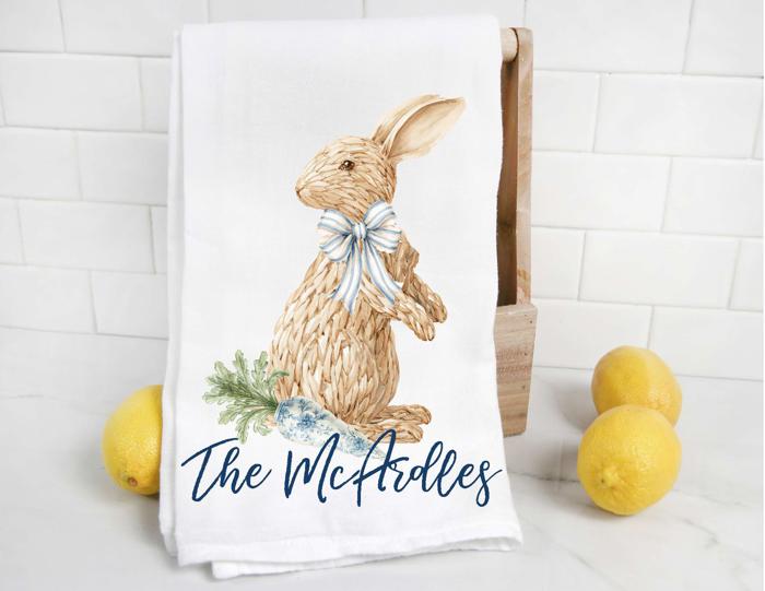Personalized Chinoiserie Wicker Bunny Tea Towel, Kitchen Towel