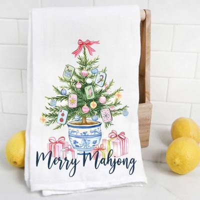 Merry Mahjong Chinoiserie Christmas Tree Tea Towel