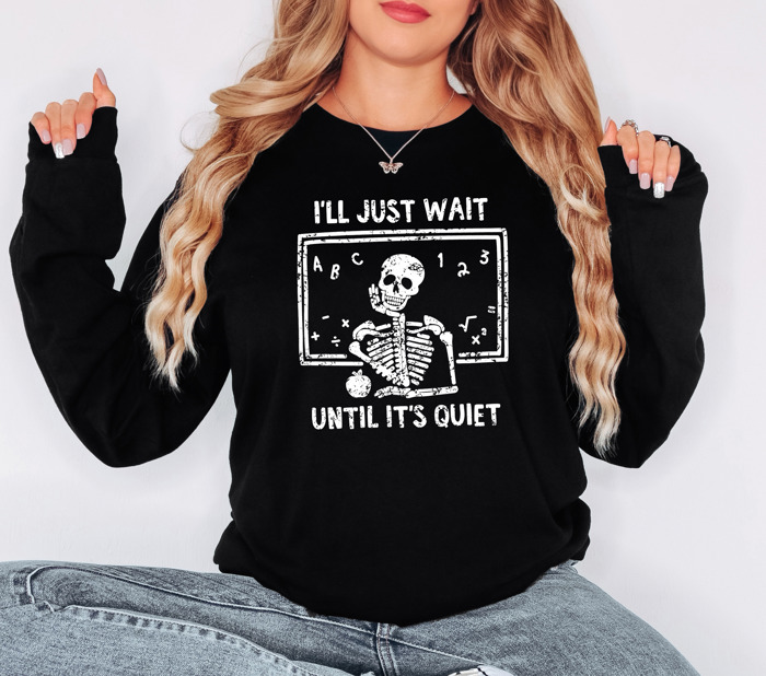 Funny Halloween Teacher Sweater – Spooky Skeleton and Ghost Design, Teacher Costume Top for Classroom, Pumpkin Patch, and Fall Parties
