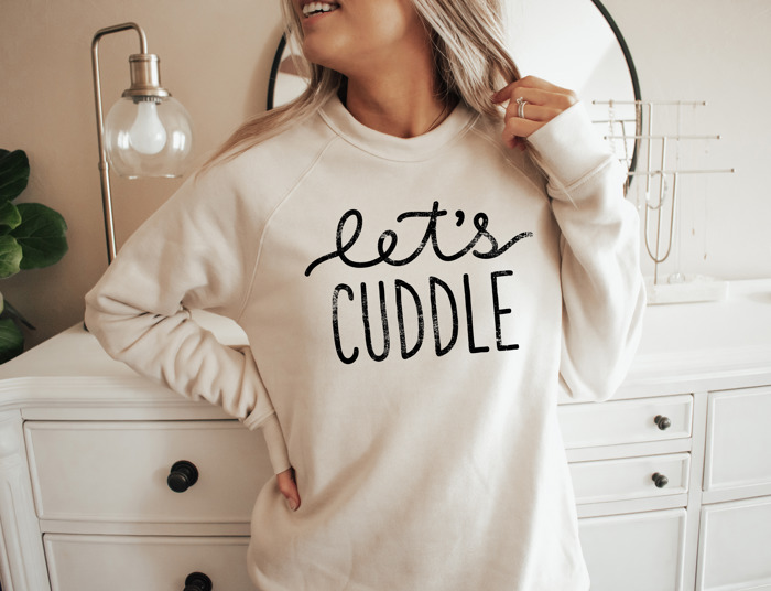 Warm and Cozy Bella Canvas Distressed Graphic Let's Cuddle Sweater