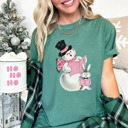 Small (UNISEX) Snowman: Light Green Vintage Minty Christmas Holiday Tees – Santa, Reindeer, Snowman, Noël, and Poinsettia for Classic Holiday Cheer, Cozy Winter Style, and Holiday Gift Ideas