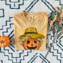 Small (UNISEX) Pumpkin Scarecrow: Mustard Trendy Fall and Halloween T-Shirts – Cute Spooky Season Graphic Tees for Moms, Teachers, Pumpkin Patch, and 31 Days of Halloween