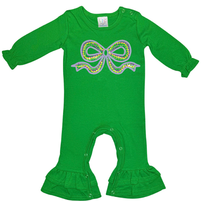 Mardi Gras Embroidered Long Ruffle Romper | 3Designs |Sizes 3M-2T