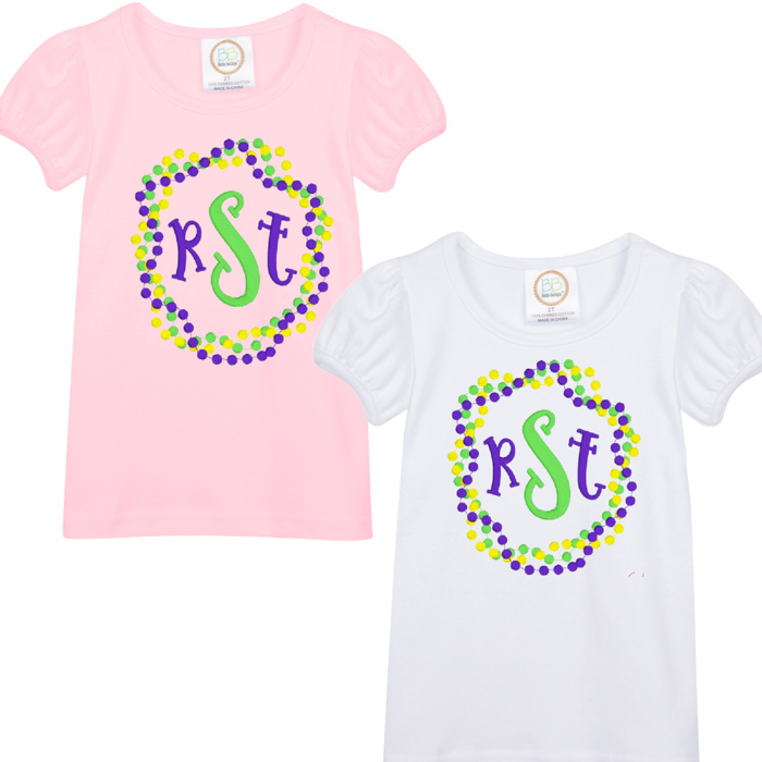Mardi Gras Embroidered Monogram Tee | Sizes 2T-12Y