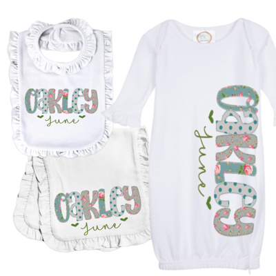 Personalized Alphabet Soup Baby Gown Bib Burp Combo