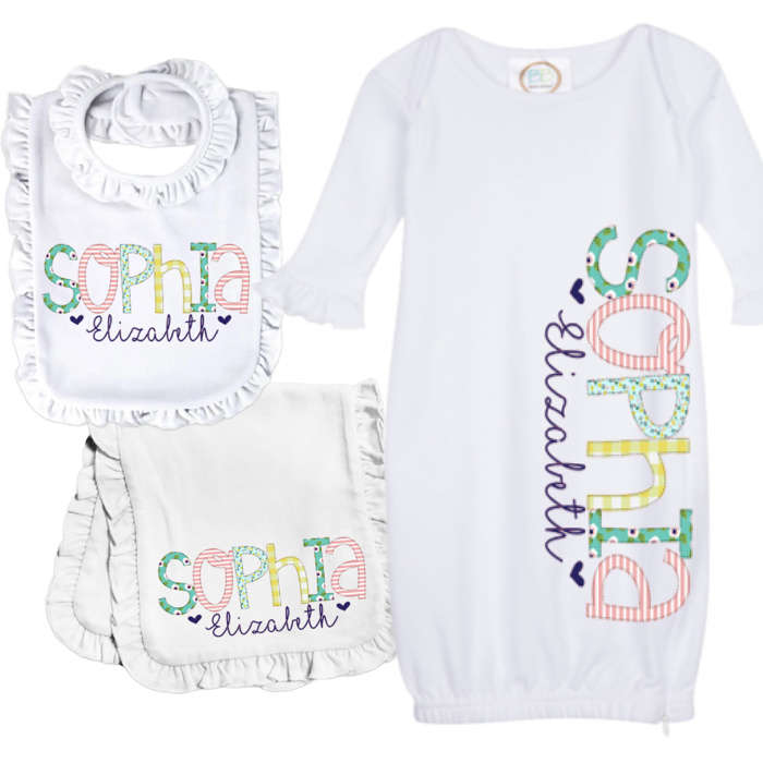 Personalized Alphabet Soup Baby Gown Bib Burp Combo