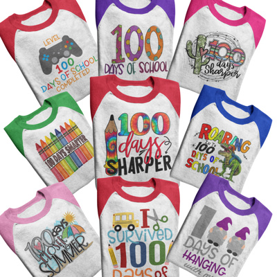100th Day of School Raglan Tee Kids Sizes | 12 Designs
