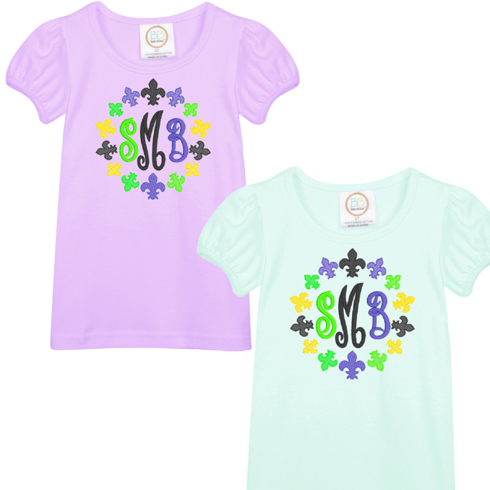 Mardi Gras Embroidered Monogram Tee | Sizes 2T-12Y
