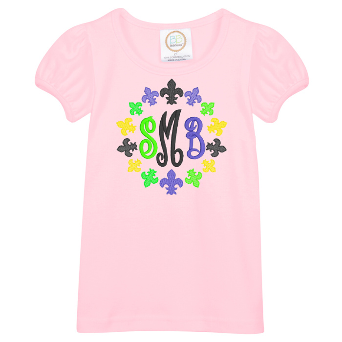 Mardi Gras Embroidered Monogram Tee | Sizes 2T-12Y