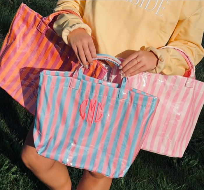 LAMINATED TOTE BAG Striped Monogrammed