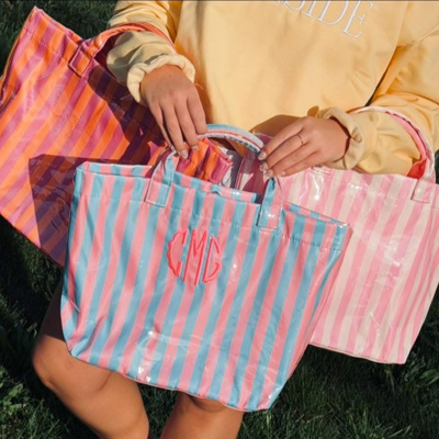 LAMINATED TOTE BAG Striped Monogrammed