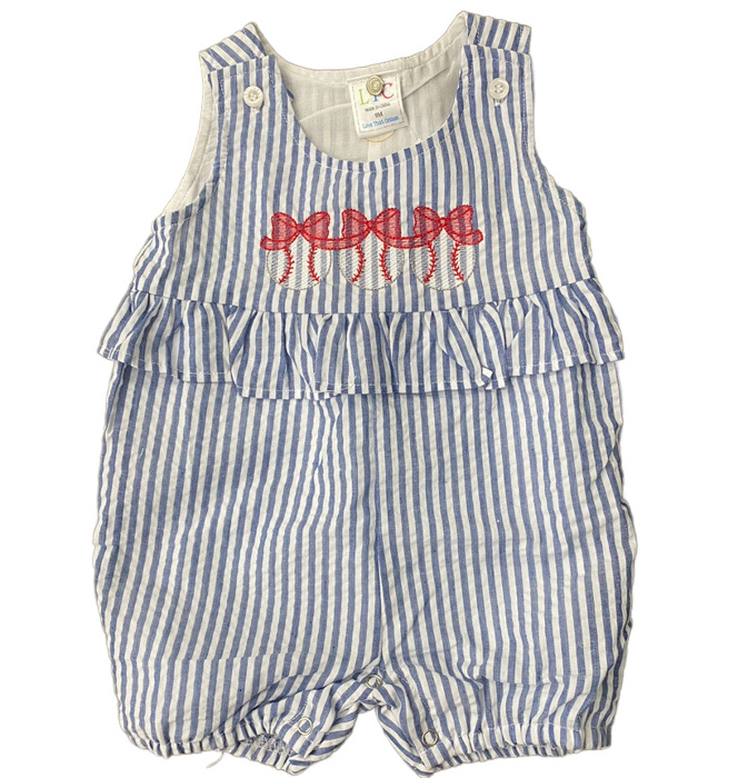 Baseball Bows Seersucker Ruffle Romper | 3M-3T