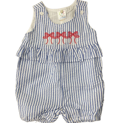 Baseball Bows Seersucker Ruffle Romper | 3M-3T