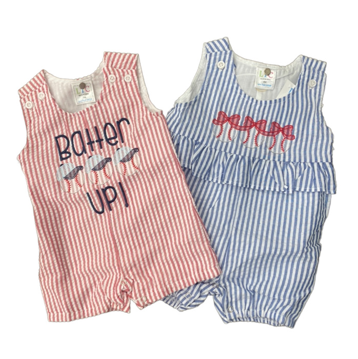 Baseball Bows Seersucker Ruffle Romper | 3M-3T