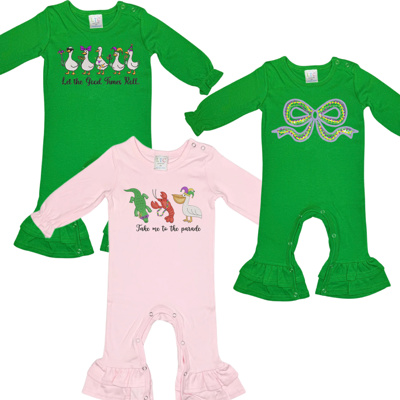 Mardi Gras Embroidered Long Ruffle Romper | 3Designs |Sizes 3M-2T