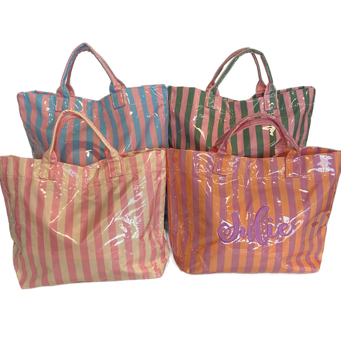 LAMINATED TOTE BAG Striped Monogrammed