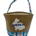Blue Embroidered Personalized Easter Basket Burlap and Plaid
