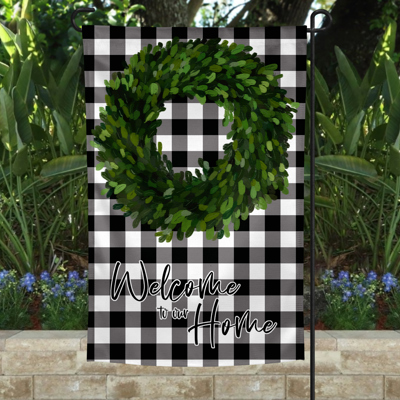 Garden Flag - Welcome to Our Home Boxwood Black Checkered