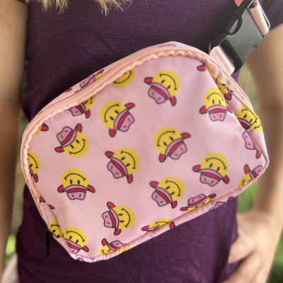 Crossbody Belt Bag Fanny Pack - Light Pink Smiley Cowboy Hat
