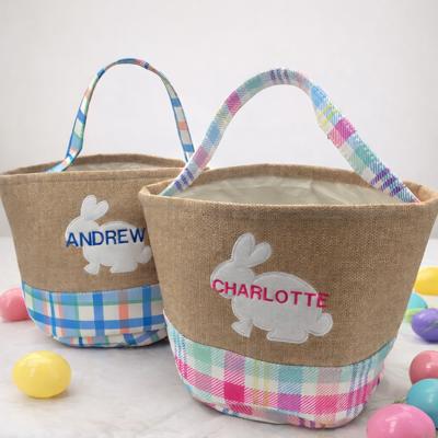 Embroidered Personalized Easter Basket Burlap and Plaid