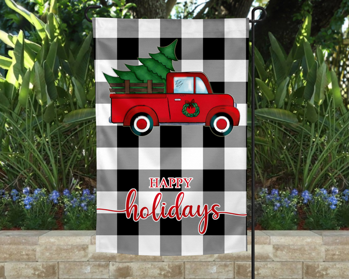 Garden Flag - Happy Holidays Red Truck with Tree Buffalo Plaid