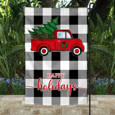 Garden Flag - Happy Holidays Red Truck with Tree Buffalo Plaid