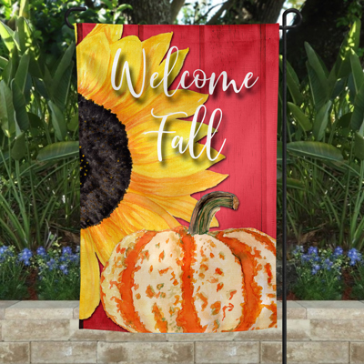 Garden Flag - Welcome Fall Sunflower and Pumpkin Red
