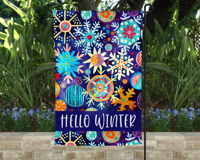 Garden Flag - Hello Winter Blue Snowflakes