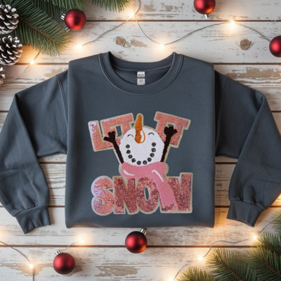 Crewneck Sweatshirt - Charcoal Let It Snow Chenille and Sequin Snowman