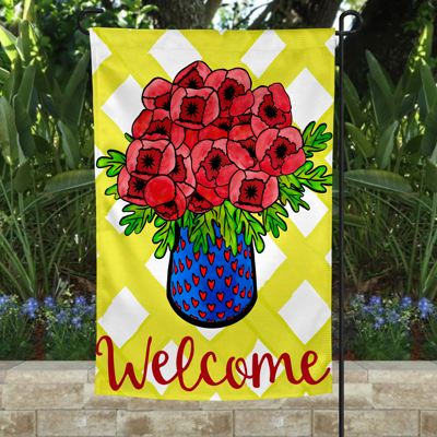Garden Flag - Welcome Red Poppies Blue Vase